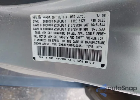 2006 Honda Cr-V Ex from USA, damaged, VIN SHSRD78816U446501